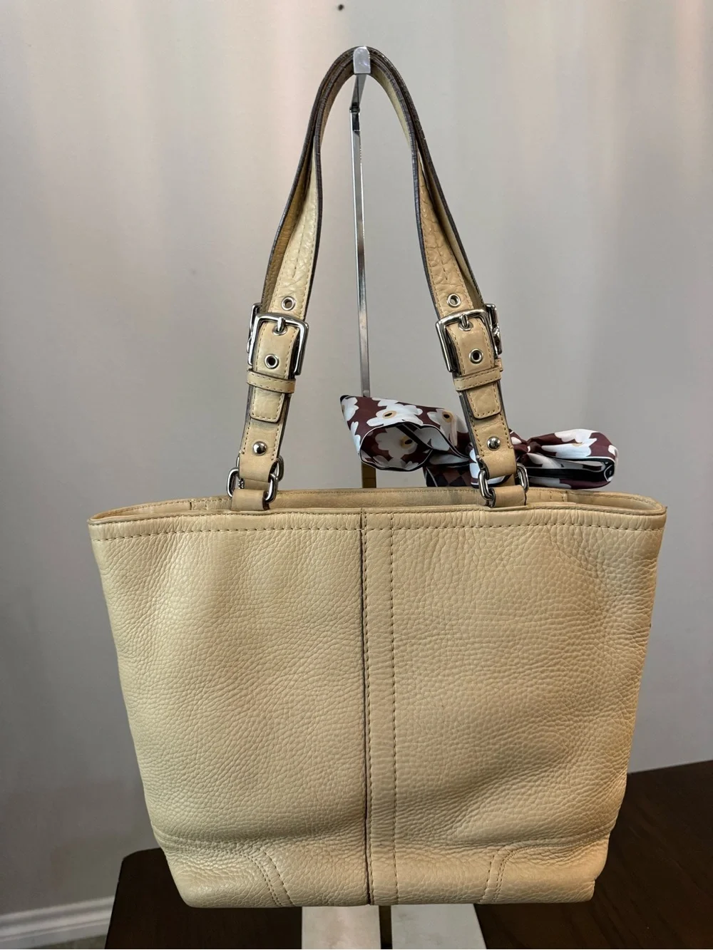 Coach Hamilton F13089 Pebbled Leather Tote Bag Beige Cream Zip Shoulder Tote